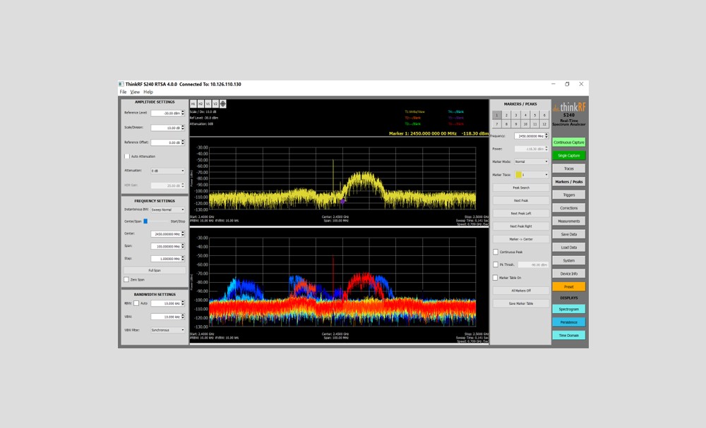 thinkrf24 ThinkRF S240 Real-Time Spectrum Analysis Software screen